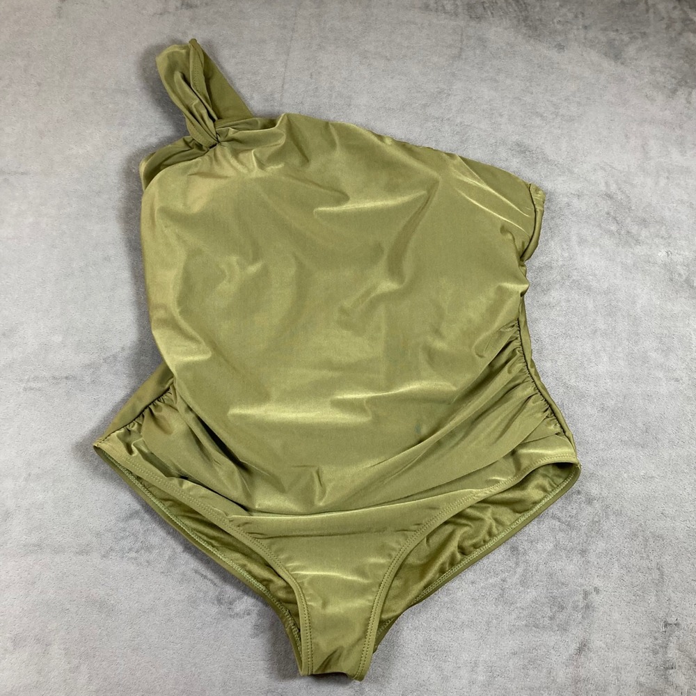 Island Waves Womens One Shoulder Ruched One Piece Swimsuit Olive Green 2X